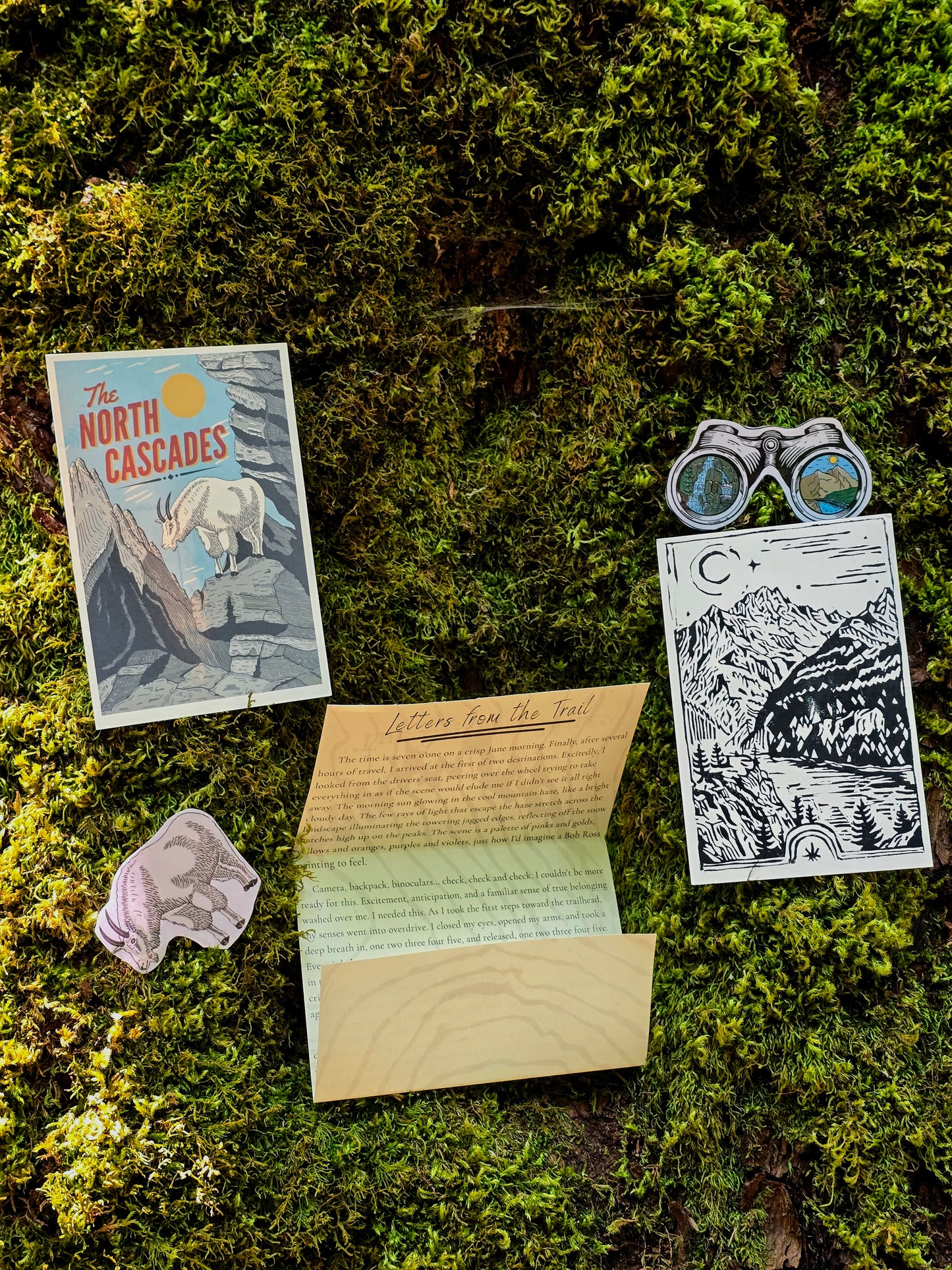 A styled flat-lay of a vintage-themed outdoor journaling kit on a bed of green moss. The kit includes a card titled 'The North Cascades', an open card with handwritten text, a wooden block, a pink crumpled paper, and a pair of illustrated silver binoculars.