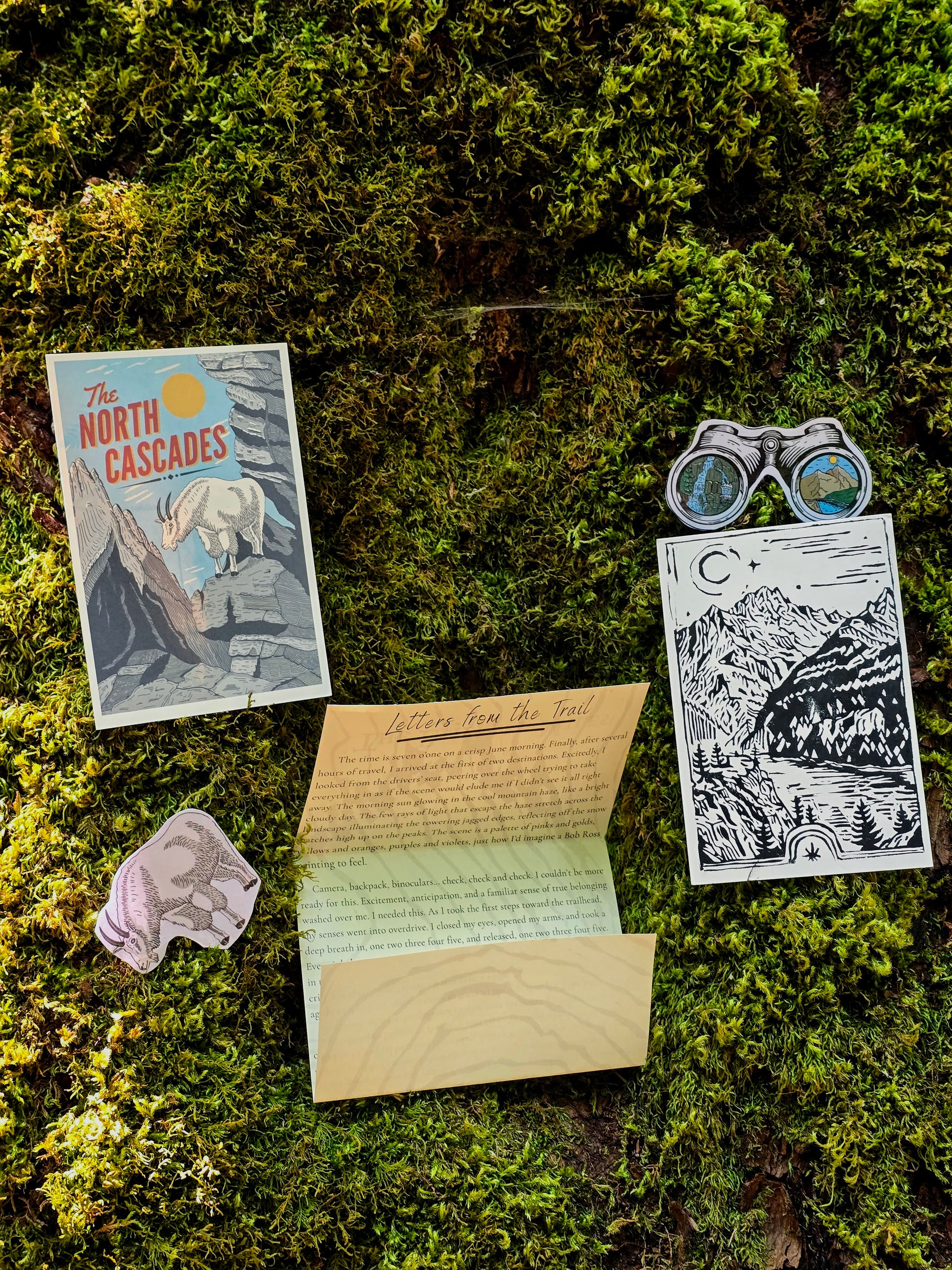 A styled flat-lay of a vintage-themed outdoor journaling kit on a bed of green moss. The kit includes a card titled 'The North Cascades', an open card with handwritten text, a wooden block, a pink crumpled paper, and a pair of illustrated silver binoculars.